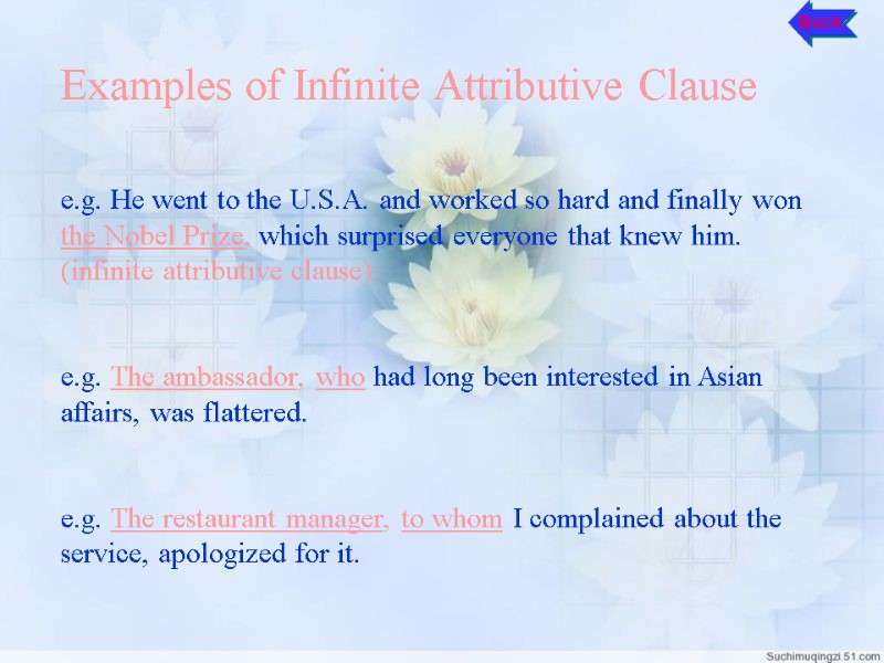 Back Examples of Infinite Attributive Clause  e.g. He went to the U.S.A. and